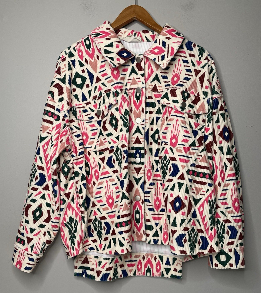 Savanna Jane Women’s 1X Corduroy Jacket Southwestern Aztec Print Snap Front